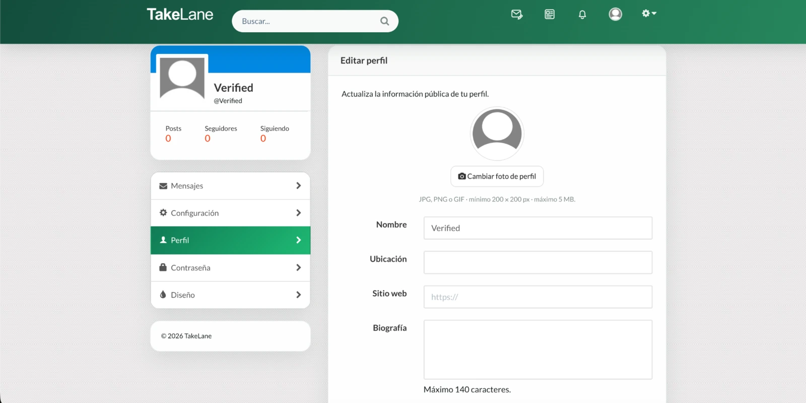 Edición de perfil en TakeLane