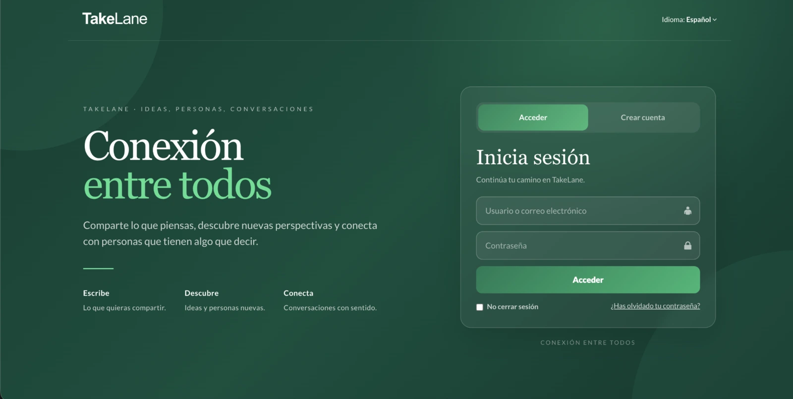 Pantalla de acceso de TakeLane