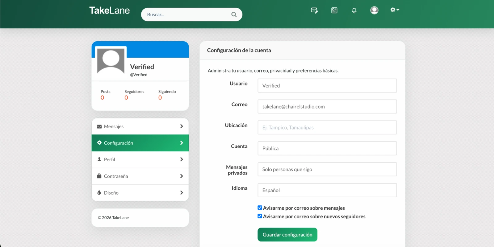 Configuración de cuenta en TakeLane