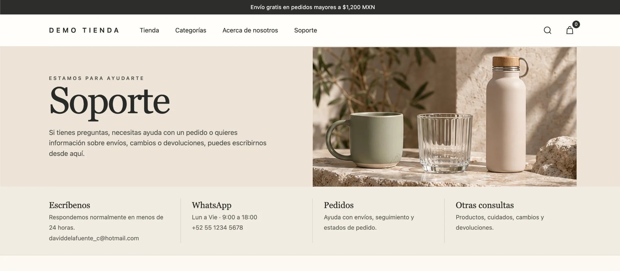 Página de soporte de la tienda